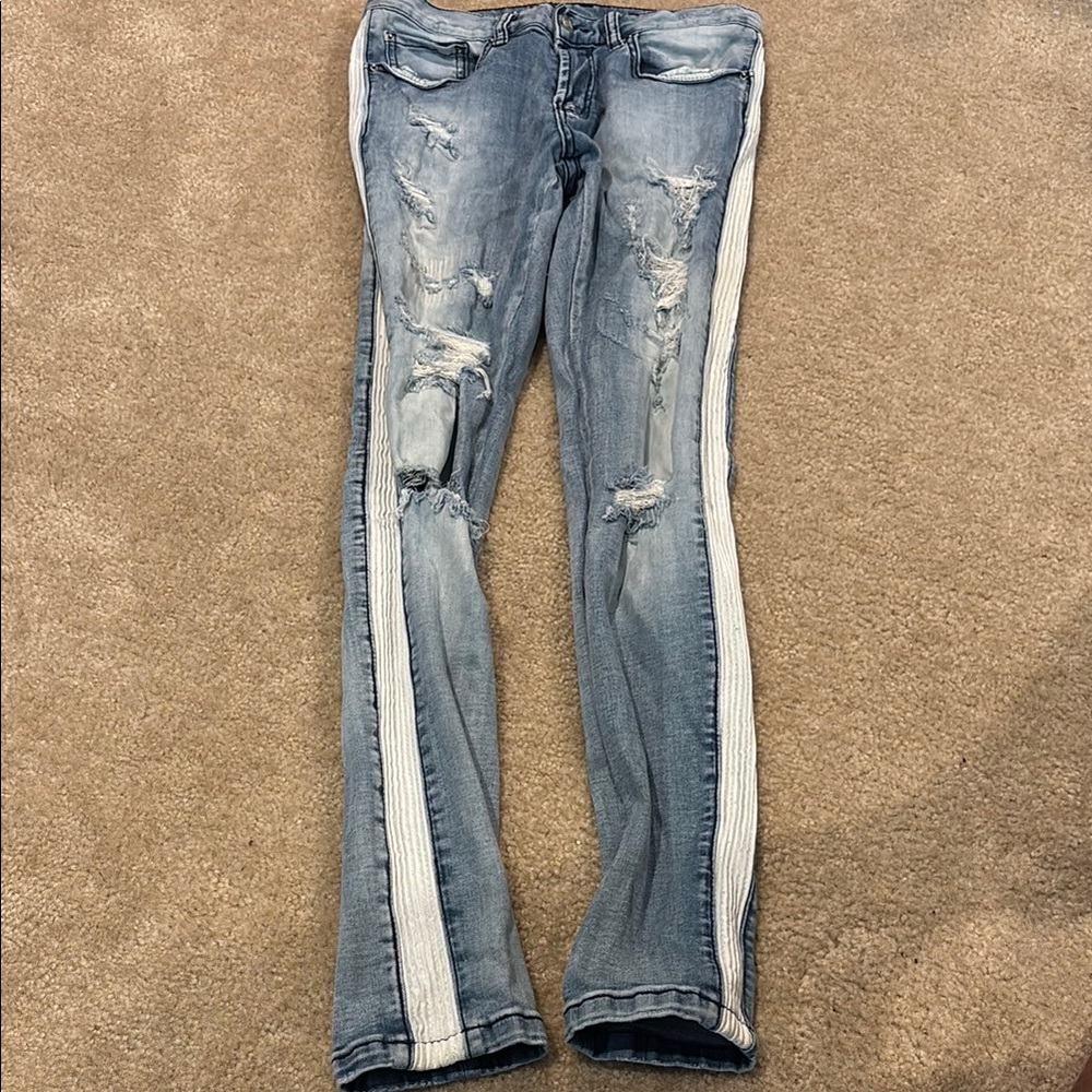 Men 90's  Club Jeans with White Stripe Dope Destroyed Stack Taper Stretch